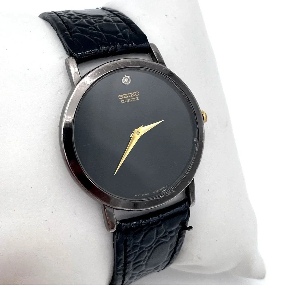 Seiko Women's Black Dial Diamond Accent Quartz Watch 7N00-8A49 Leather Band